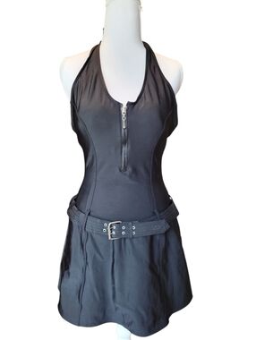 Shape FX Swim Black One Piece Belted Skirted Halter Top Swimsuit